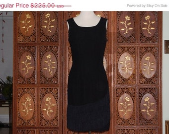 ON SALE Vintage Black Crepe Sheath Dress with Black Fringe