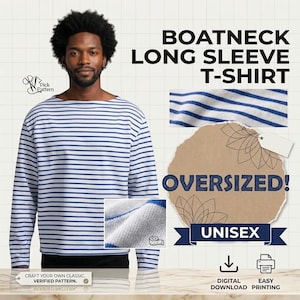 May include: A long-sleeve boatneck t-shirt with a white and blue horizontal striped pattern. The image includes text stating BOATNECK LONG SLEEVE T-SHIRT, OVERSIZED, and UNISEX, along with a Pick Pattern logo and digital download icons.
