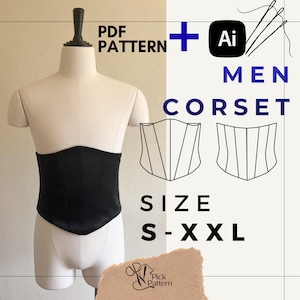 May include: A black corset displayed on a mannequin torso. The image includes text reading PDF PATTERN, Ai, MEN CORSET, SIZE S-XXL, and Pick Pattern. Two line-art diagrams of the corset panels are shown alongside the mannequin.