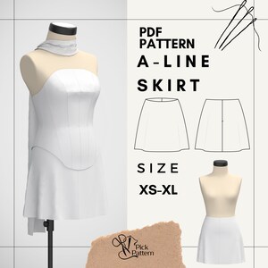 May include: A white A-line skirt pattern with the text "PDF PATTERN A-LINE SKIRT" and size range "XS-XL". The image includes a mannequin wearing a white skirt and a diagram of the skirt design.