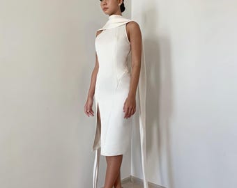 Ivory Satin Engagement Gown | Modern Bridal Dress with Scarf Detail (Made-to-Order)
