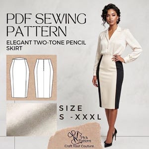 May include: A PDF sewing pattern for an elegant two-tone pencil skirt in sizes S to XXXL. The image displays a technical line drawing of the skirt front and back, a fabric swatch, and a finished skirt featuring a cream centre and black sides.