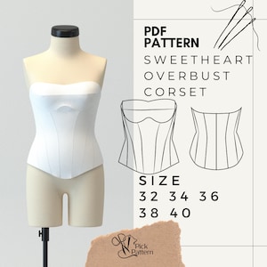 Può includere: Un corsetto bianco a busto alto esposto su un manichino. Il corsetto ha una scollatura a cuore e cuciture verticali. L'immagine include un disegno a tratto del corsetto, il testo "PDF PATTERN SWEETHEART OVERBUST CORSET" e le opzioni di taglia.