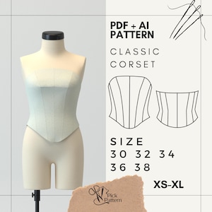 May include: A light green classic corset on a mannequin. The image includes the text "PDF + AI PATTERN CLASSIC CORSET" and size options 30, 32, 34, 36, 38, and XS-XL. The corset is a strapless design.