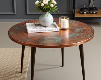Hammered Copper Coffee Table – Rustic Round Metal End Table for Living Room or Entryway
