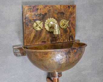 Hammered Copper Wall Mount Sink: Solid Brass Faucet, Rustic Bathroom Basin