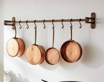 Rustic Copper Kitchen Rail – Wall Mounted Utensil Rack with Hooks, Vintage Farmhouse Hanging Storage