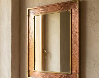 Hammered Copper Wall Mirror with Brass Corners , Handamde Rectangular Wall Mirrors