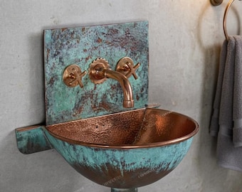 Oxidized Copper Wall Mounted Bathroom Sink , Hammered Copper Washbasin Vanity