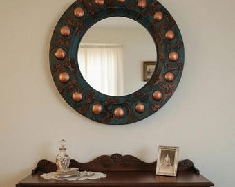 Handcrafted Verdigris Copper Round Mirror – Green Patina Wall Decor with Hammered Copper Studs
