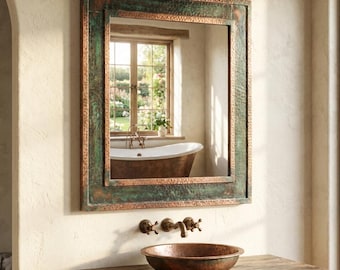 Vintage Verdigris Copper Mirror – Hand-Hammered Rustic Wall Mirror for Bathroom
