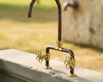 Vintage Copper Bridge Faucet – Handmade Two-Handle Sink Tap, Aged Copper Bathroom Fixture