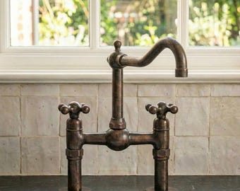 Oil Rubbed Bronze Bridge Kitchen Faucet with Curved Spout, Aged Copper Traditional Sink Tap