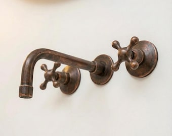 Aged Copper Wall Mount Bathroom Faucet, Oil Rubbed Bronze Vintage Tap