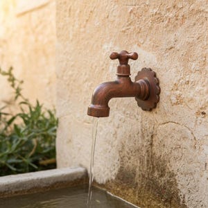 Könnte beinhalten: Ein bronzefarbener Wasserhahn im Freien, aus dem Wasser in ein Steinbecken fließt. Der Wasserhahn ist an einer strukturierten, hellfarbigen Wand befestigt. Der Wasserhahn hat eine dekorative, blütenförmige Rückplatte.