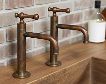 Vintage Copper Bathroom Faucets Set – Hot & Cold Basin Taps, Rustic Farmhouse Vanity Fixtures