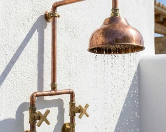 Unlacquered Solid Copper Outdoor Shower, Wall Mounted Rain Shower Head, Exposed Pipe, Handmade, Adjustable Height, 1/2'' NPT US,AU Plumbing