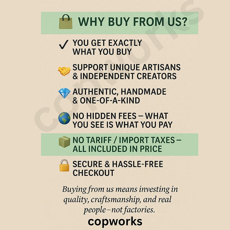 May include: A graphic with the text "WHY BUY FROM US?" lists benefits like supporting artisans, authentic handmade items, and secure checkout. The text is on a beige background with green accents and icons.