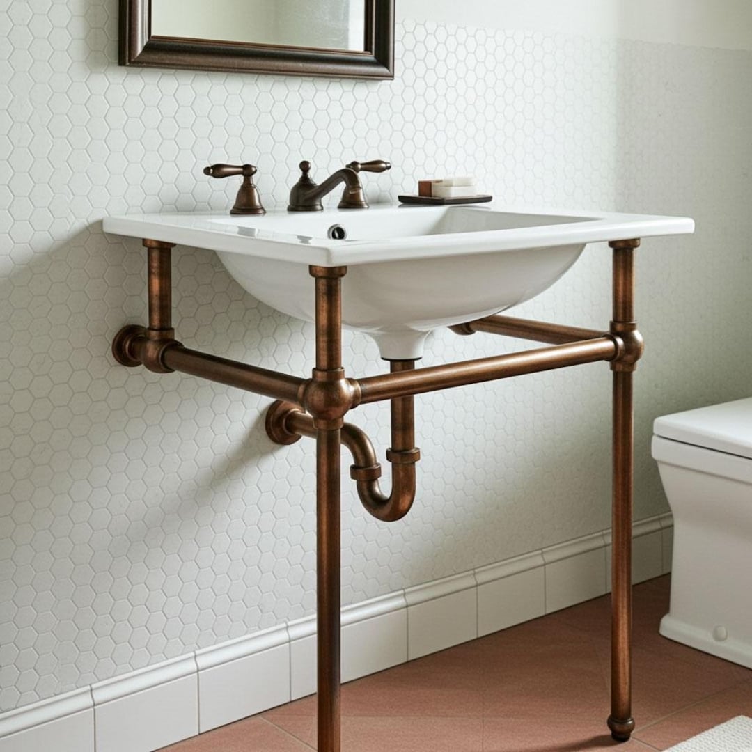 Rustic Aged Copper Sink Stand – Bronze Bathroom Console Frame for Wall ...