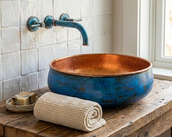 Bathroom Copper Sink Hand Hammered Blue Patina Round Vessel With Copper Faucet