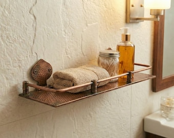 Hammered Copper Wall Shelf with Rail | Rustic Vintage Bathroom Shelf | Handmade Aged Copper Wall Storage