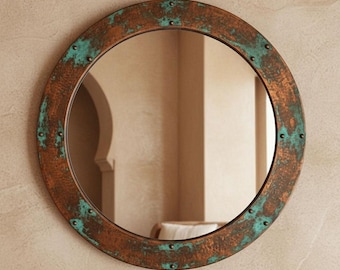 Oxidized Copper Round Mirror – Rustic Green Patina Wall Decor Vanity