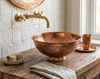 Handmade Engraved Copper Vessel Sink – Artisan Rustic Bathroom Basin