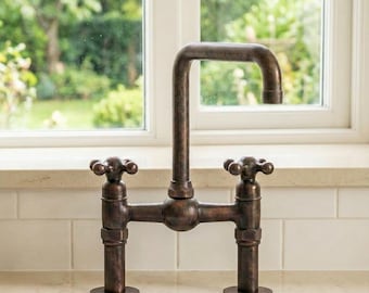 Aged Copper Bridge Kitchen Faucet with Cross Handles, Oil Rubbed Bronze Sink Tap