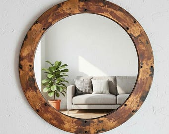 Copper Round Wall Mirror – Aged Hammered Metal Frame, Vintage Rustic Bathroom Vanity Mirror