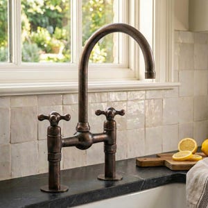 Puede incluir: Un grifo de cocina con acabado de bronce, con un caño de arco alto y válvulas de manija en cruz. El grifo está montado sobre una encimera oscura, con una ventana y un salpicadero de azulejos en el fondo. El diseño del grifo recuerda a los accesorios vintage.