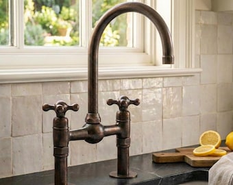 Oil Rubbed Bronze Bridge Kitchen Faucet, Aged Copper Traditional Sink Tap