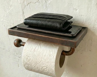 Aged Copper Toilet Paper Holder with Shelf – Handmade Vintage Wall-Mounted Bathroom Roll Holder