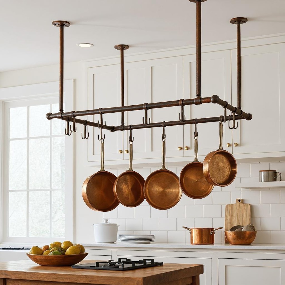 Eis Rack Handmade Aged Copper Ceiling Pot Rack: Rustic Kitchen Rail With Hooks ...
