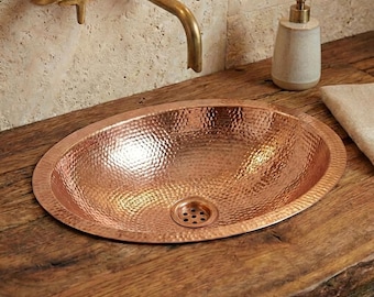 Copper Bathroom Sink Hammered Oval Drop In Basin Solid Copper Vanity Sink