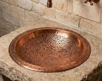 Vintage Engraved Copper Sink – Round Artisan Bathroom Washbasin