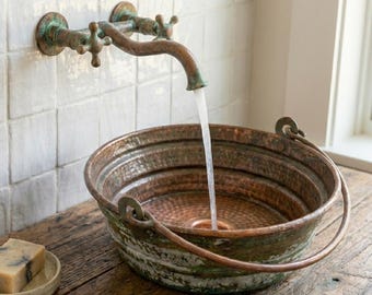 Lavabo de cobre con cardenillo hecho a mano: lavabo rústico de granja martillado