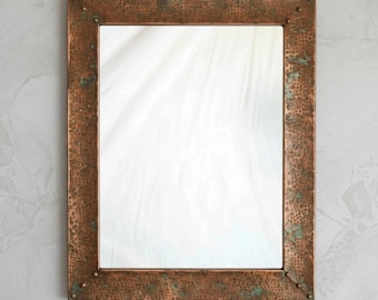 Hammered Copper Wall Mirror – Rectangular Rustic Bathroom Vanity Mirror with Aged Patina Frame