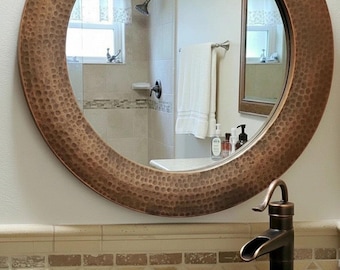 Aged Copper Wall Mirror – Handcrafted Round Hammered Frame Farmhouse Vanity