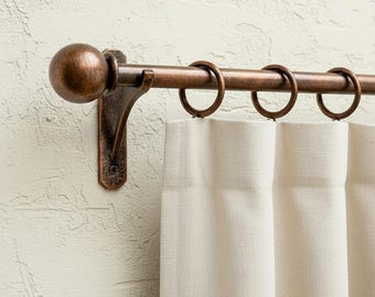 Aged Copper Curtain Rod – Wall Mounted Window Hardware with Rings and Decorative Round Finials