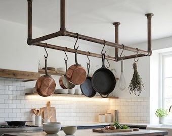 Ceiling Copper Pot Rack – Handmade Hanging Cookware Rail for Kitchen Island Storage with Hooks