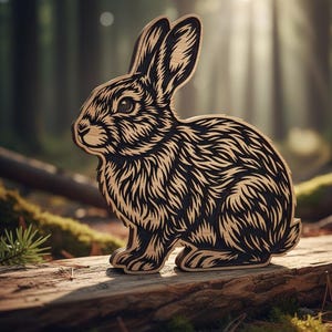 Puede incluir: Figura de conejo de madera con un diseño detallado en negro y marrón, sentada sobre un tronco. El conejo está intrincadamente tallado con pelaje y rasgos faciales visibles. El fondo es una escena borrosa de bosque con luz solar.