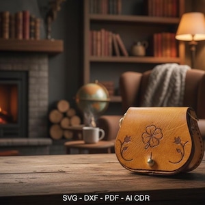 Puede incluir: Un pequeño bolso de cuero marrón claro con un diseño decorativo de trébol de cuatro hojas y flores. El bolso tiene forma redondeada con un cierre dorado. El fondo incluye una chimenea, libros y un globo terráqueo.