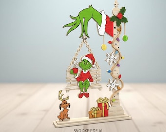grinch christmas ornament svg dxf pdf ai glowforge cnc laser cut file holiday decor gift christmas grinch tiered tray svg christmas grinch