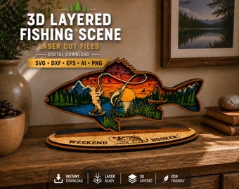 Fishing Layered SVG, Laser Cut Fish Scene File, Fisherman Silhouette DXF, 3D Wood Art Template, CNC Glowforge Cricut Digital Download