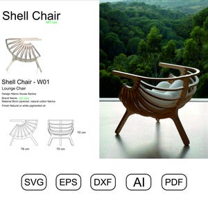 Puede incluir: Una silla de concha de madera con respaldo curvo y cojín blanco. La silla está hecha de madera contrachapada de abedul y telas de algodón natural. La silla mide 70 cm de ancho y 70 cm de profundidad.