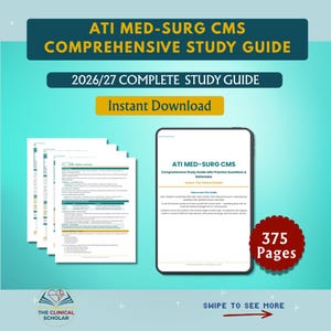 Puede incluir: Una guía de estudio digital titulada ATI MED-SURG CMS COMPREHENSIVE STUDY GUIDE 2026/27 COMPLETE STUDY GUIDE. El documento incluye 375 páginas de contenido, preguntas de práctica y fundamentos, presentadas como una pila y en pantalla.