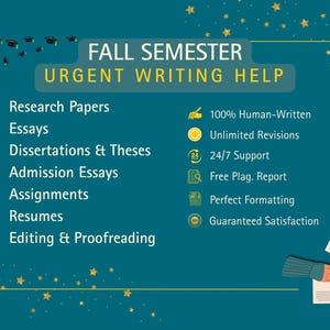 Puede incluir: Un anuncio gráfico de color verde azulado titulado FALL SEMESTER URGENT WRITING HELP. Enumera servicios que incluyen Research Papers, Essays, Dissertations & Theses, Admission Essays, Assignments, Resumes y Editing & Proofreading con iconos.