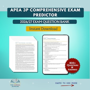 May include: The APEA 3P Comprehensive Exam Predictor 2026/27 exam question bank features a stack of printed pages and a digital tablet display showing Advanced Pathophysiology questions. A red badge indicates 800+ questions and answers.