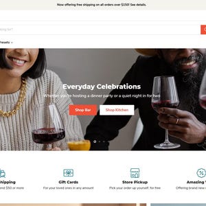 Może przedstawiać: Strona główna witryny z logo "empire". Obraz przedstawia osoby trzymające kieliszki czerwonego wina. Tekst "Everyday Celebrations" jest wyświetlany z przyciskami "Shop Bar" i "Shop Kitchen".