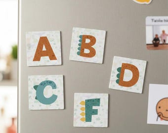 ALPHABET MAGNETS - Dinosaur Design | For All Ages | 2.5"x 2.5" Squares (All alphabets included)